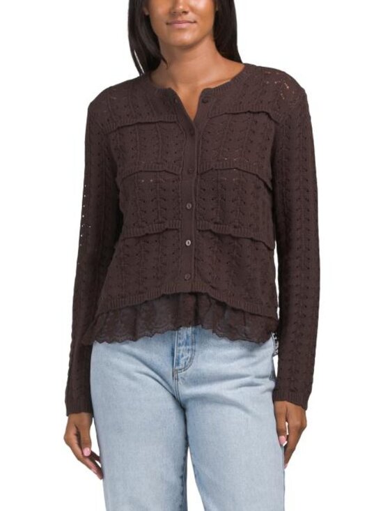 FLINT AND MOSS Sweaters - FLINT AND MOSS Lace Stitch Mixed Cardigan
